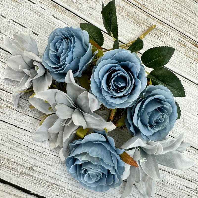Wholesale High Quality 7 Heads Silk Flower Red Bunch Roses Bouquet Artificial Flower Rose Bouquet