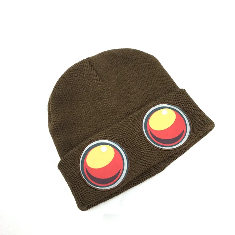 Hot Sale Beanie Knitted Winter Warm Hat 100% Acrylic Custom  Embroidery Woven Label Brown Big Eyes Pattern
