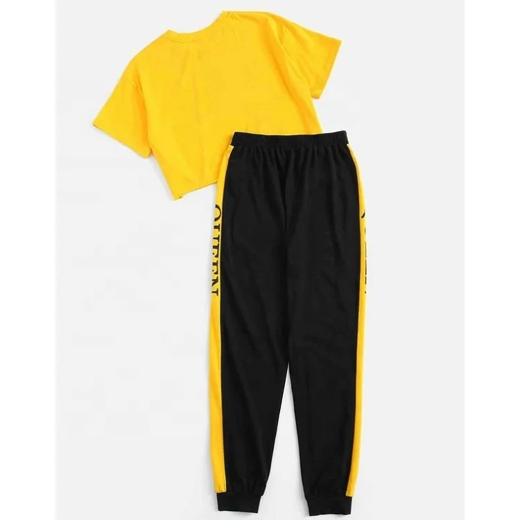 Manufacturer Custom Jogging Sets Patchwork Teen Girls Crop Top & Pants Set Letter Graphic Color Block Printing for Women Adults