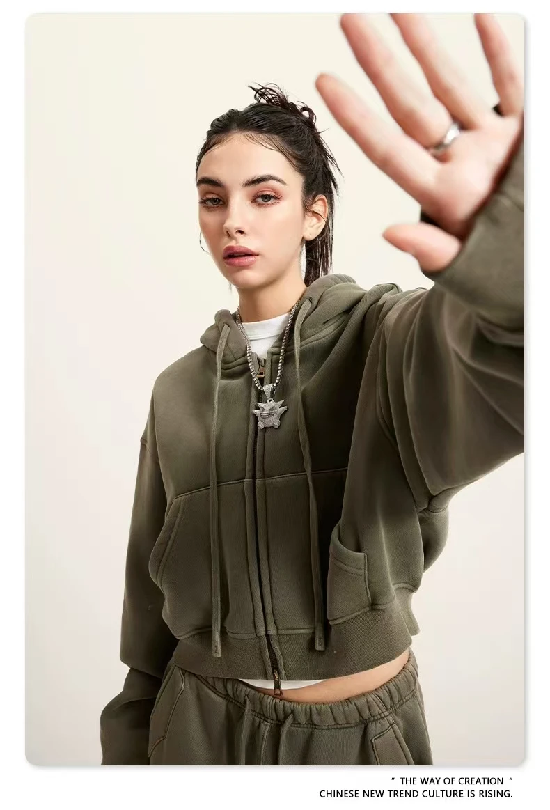 Autumn and Winter Vintage Washed Latin American Double Zipper with Velvet for Short Hoodie Coat