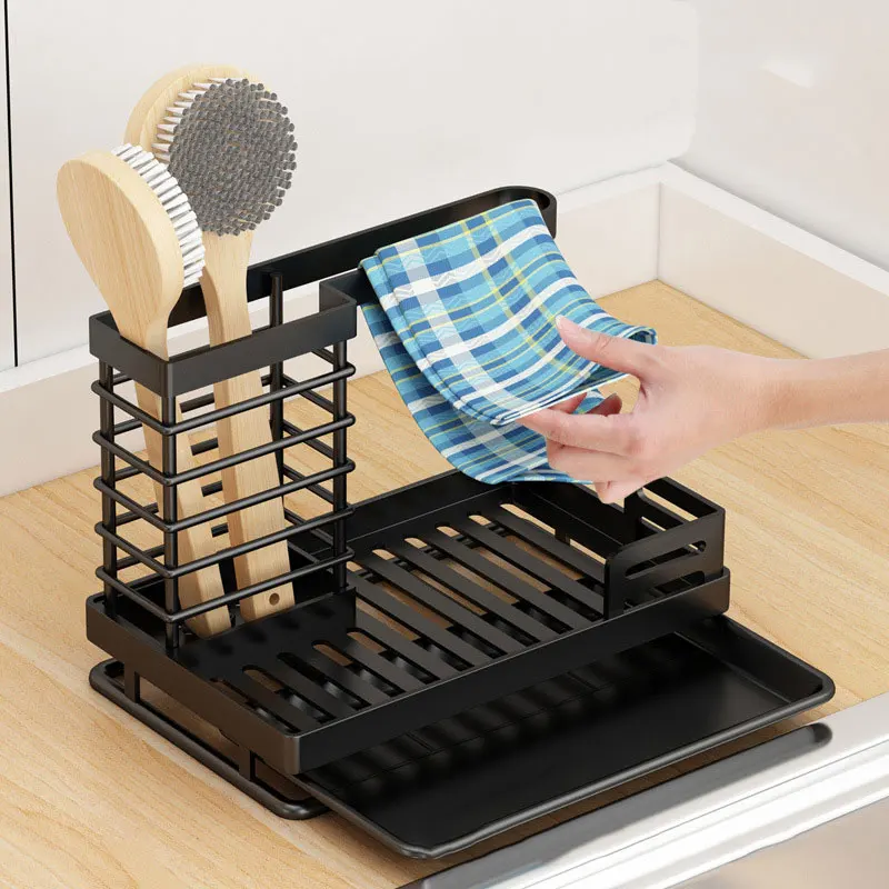 Kitchen 2 Tier Rag Dish Cloth Rack with Tray Over Sink Organizer Soap Sponge Brush Storage Holder Drain Metal Wire Basket Shelf