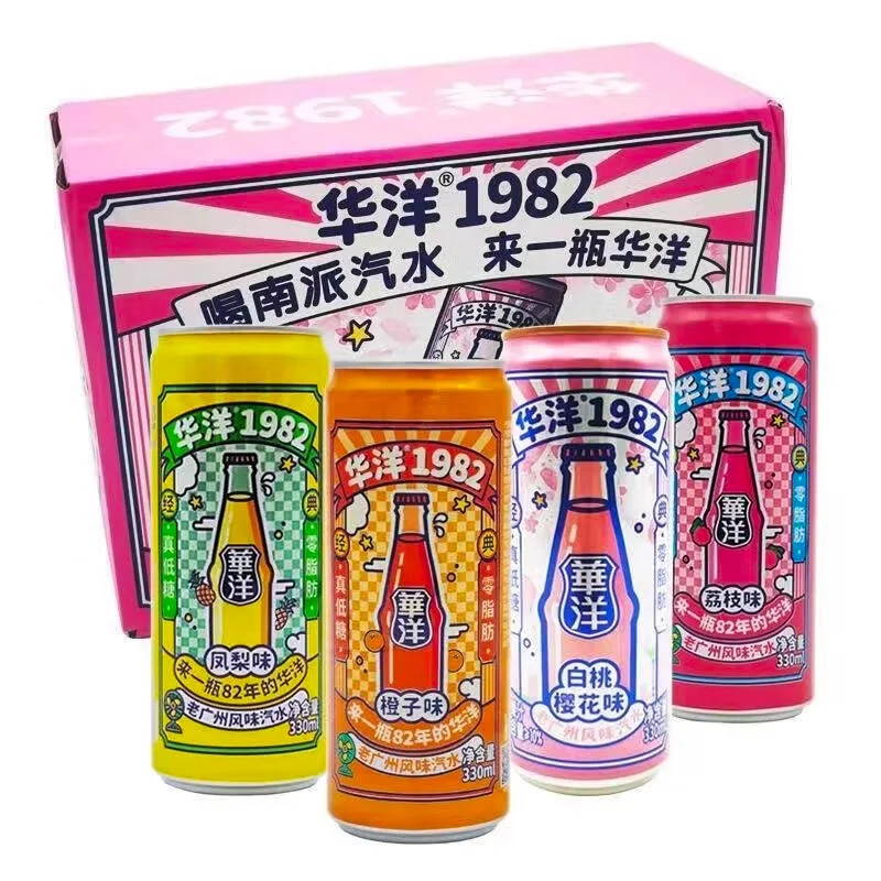 Wholesale 330ml Huayang 1982 Soda Soft Drinks Fruit Flavored Carbonated Drink Canned Exotic Drinks