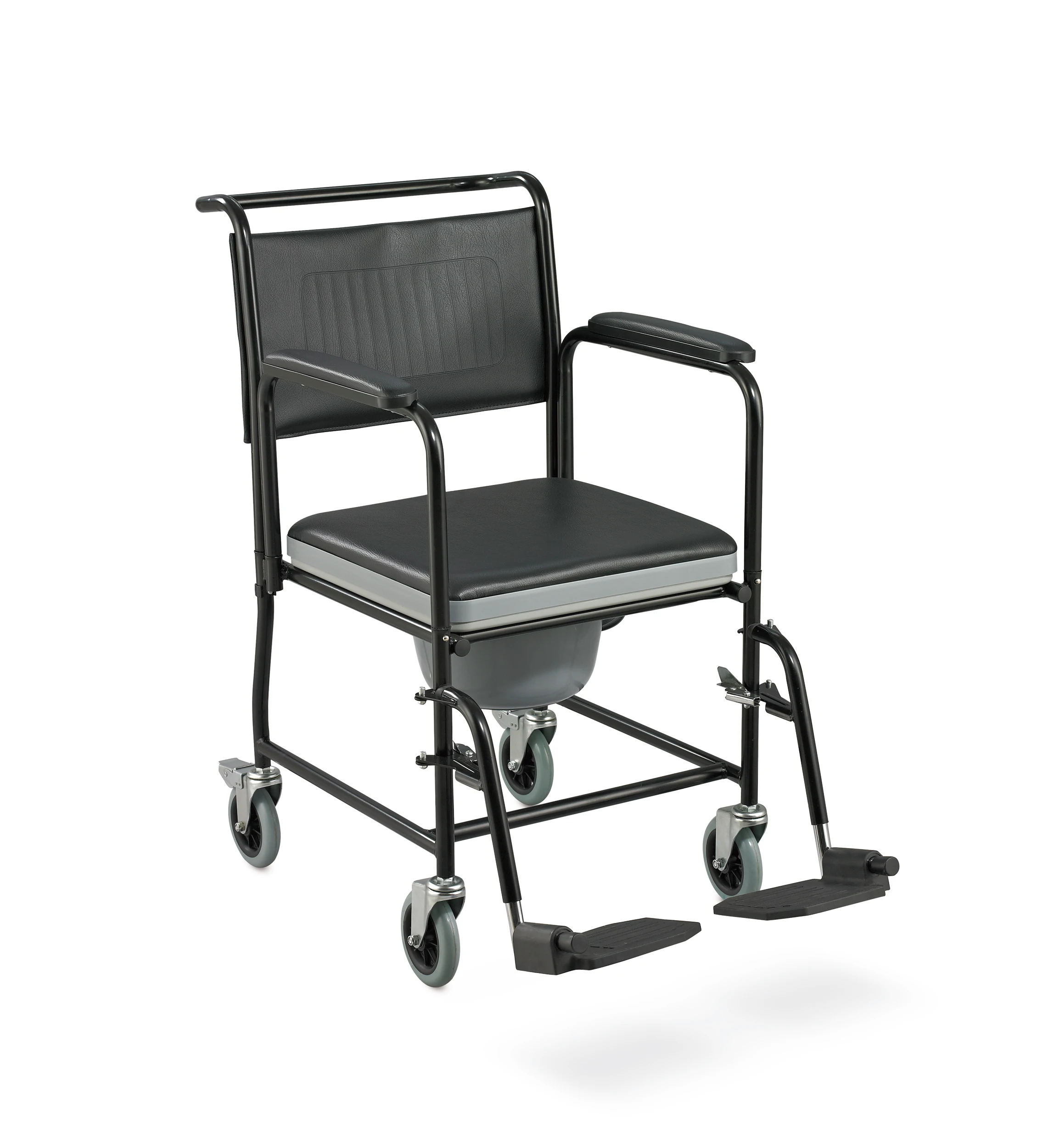CE/ISO13485 Black Color Steel adjustable folding Commode Chair with wheels