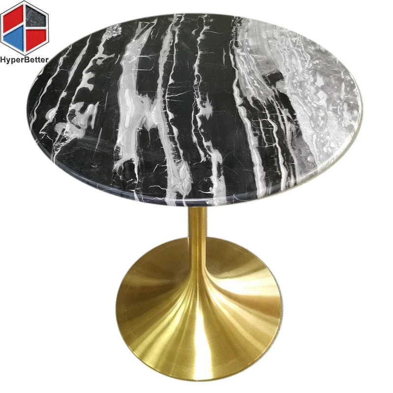 Fashionable black white round marble coffee table top golden stainless steel tulip base