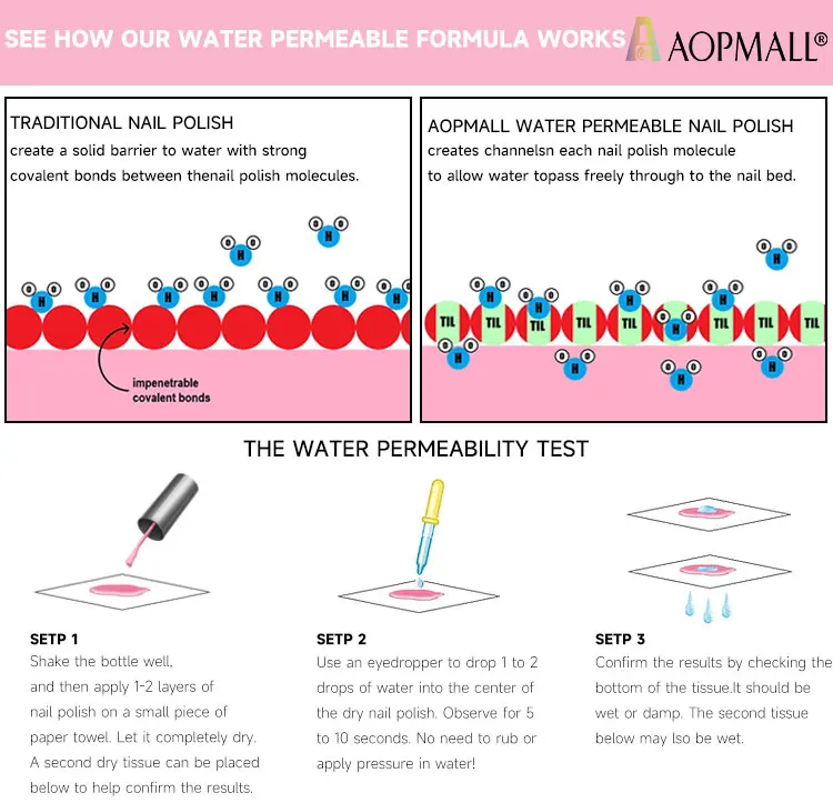 AOPMALL Private Label Water Permeable Nail Polish Halal Nail Polish Breathable Nail Lacquer Manufacturers