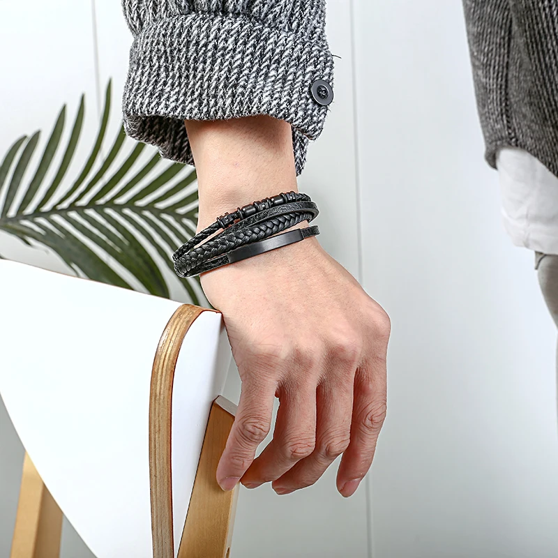 Trendy Genuine Leather Bracelets Men Stainless Steel Beads Multilayer Braided Rope Bracelets For Male Bracelets Jewelry