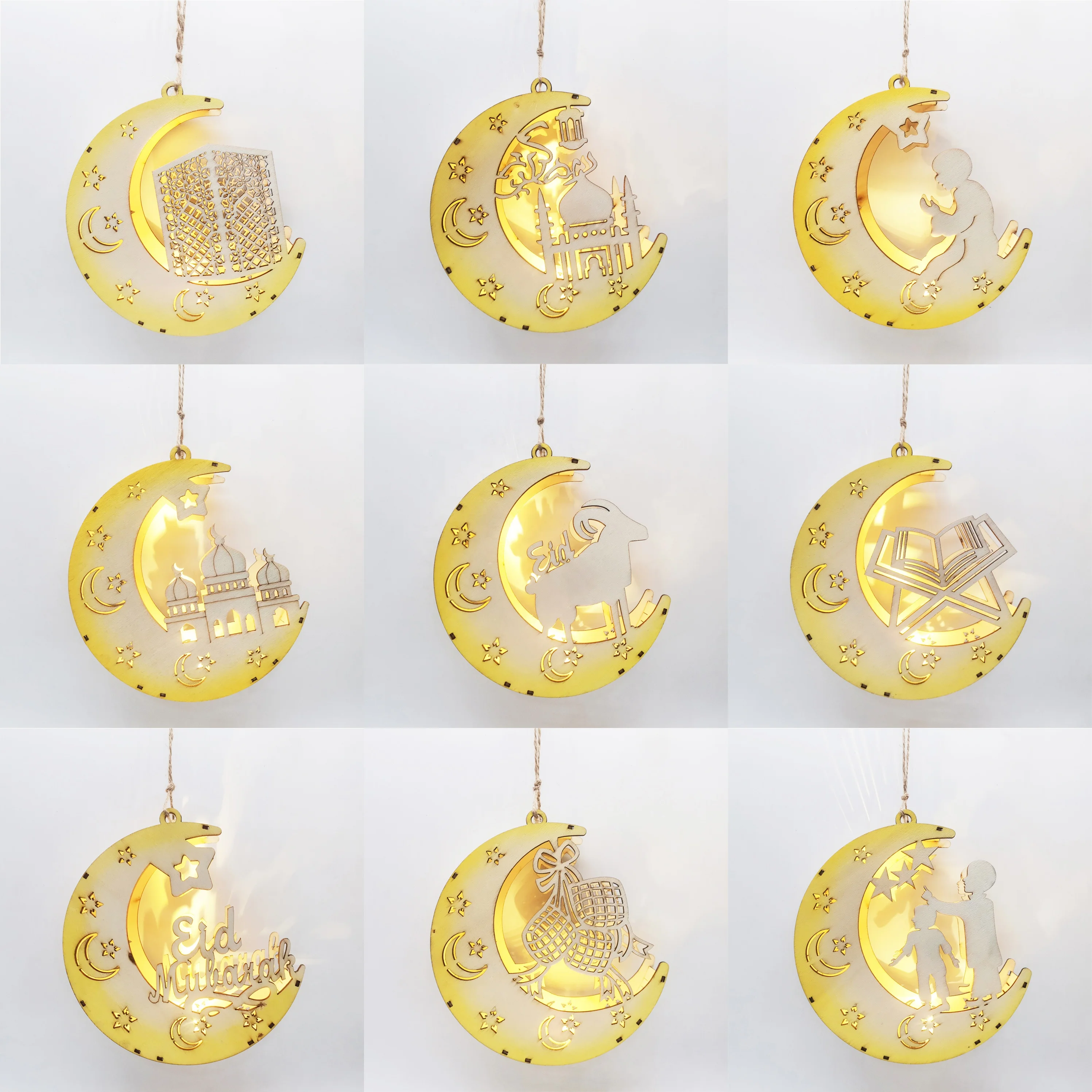 Hot sale Muslim wood Ramadan decorations lights Eid Mubarak moon wooden craft