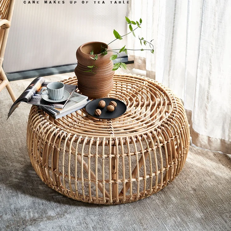 living room furniture wholesale rustic farmhouse round low small floor straw rattan tea table with mat