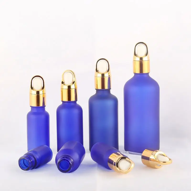 New design style glass dropper refined oil bottle 15 ml 20 ml 3 ml 50 ml blue frosted cosmetics filled bottle