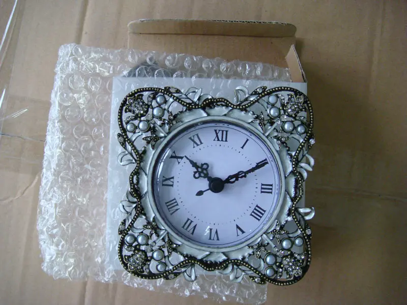 Antique Brass White Beaded Square Metal Zinc Alloy Framed Desk Clock