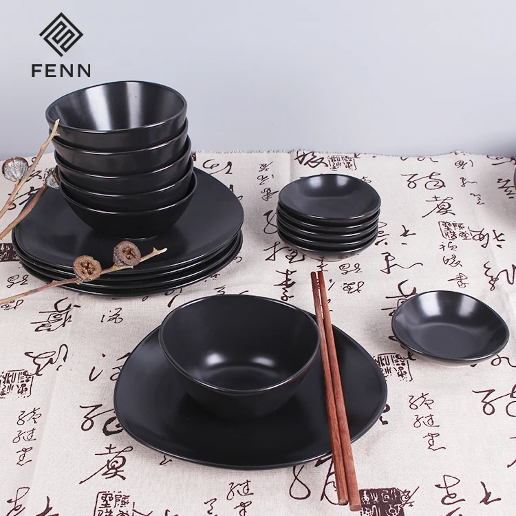 New product western style cobblestone design black matte ceramic 16 piece dinnerware set