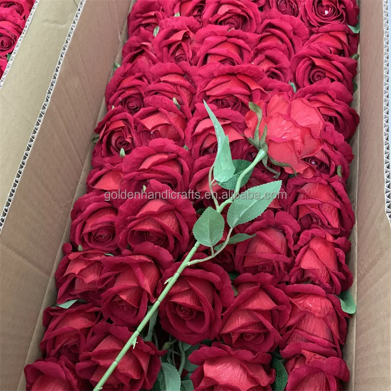 Hot Sale Single Velvet Artificial Flowers Bulk Wedding arrangement centerpiece Decorative Long Stem Red Roses