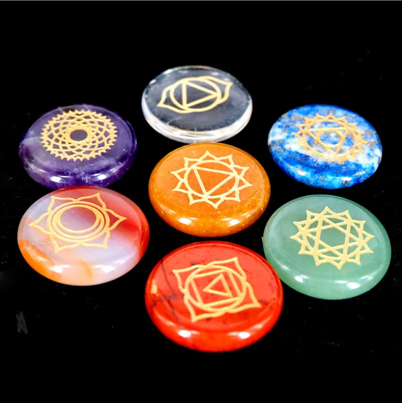 7 Seven Chakra Engraved Holistic Balancing Polished Reiki Healing Solids Crystal Mens Chakra Symbols Tumbled Palm Stone Sets Kit