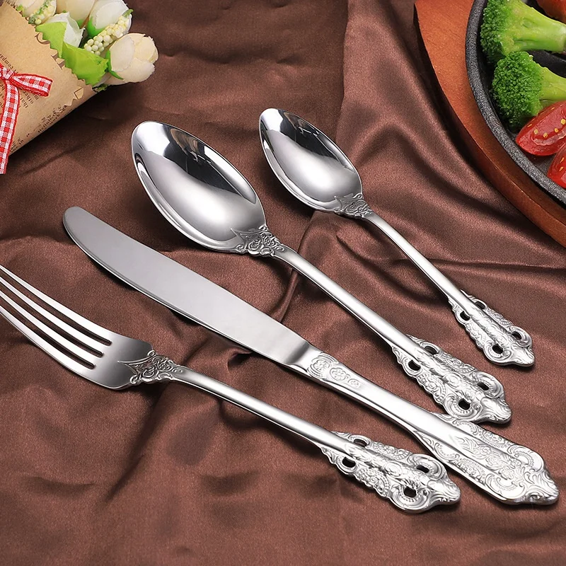 High end vintage luxury forks knife and spoons food grade royal stainless steel cutlery silver gold flatware sets