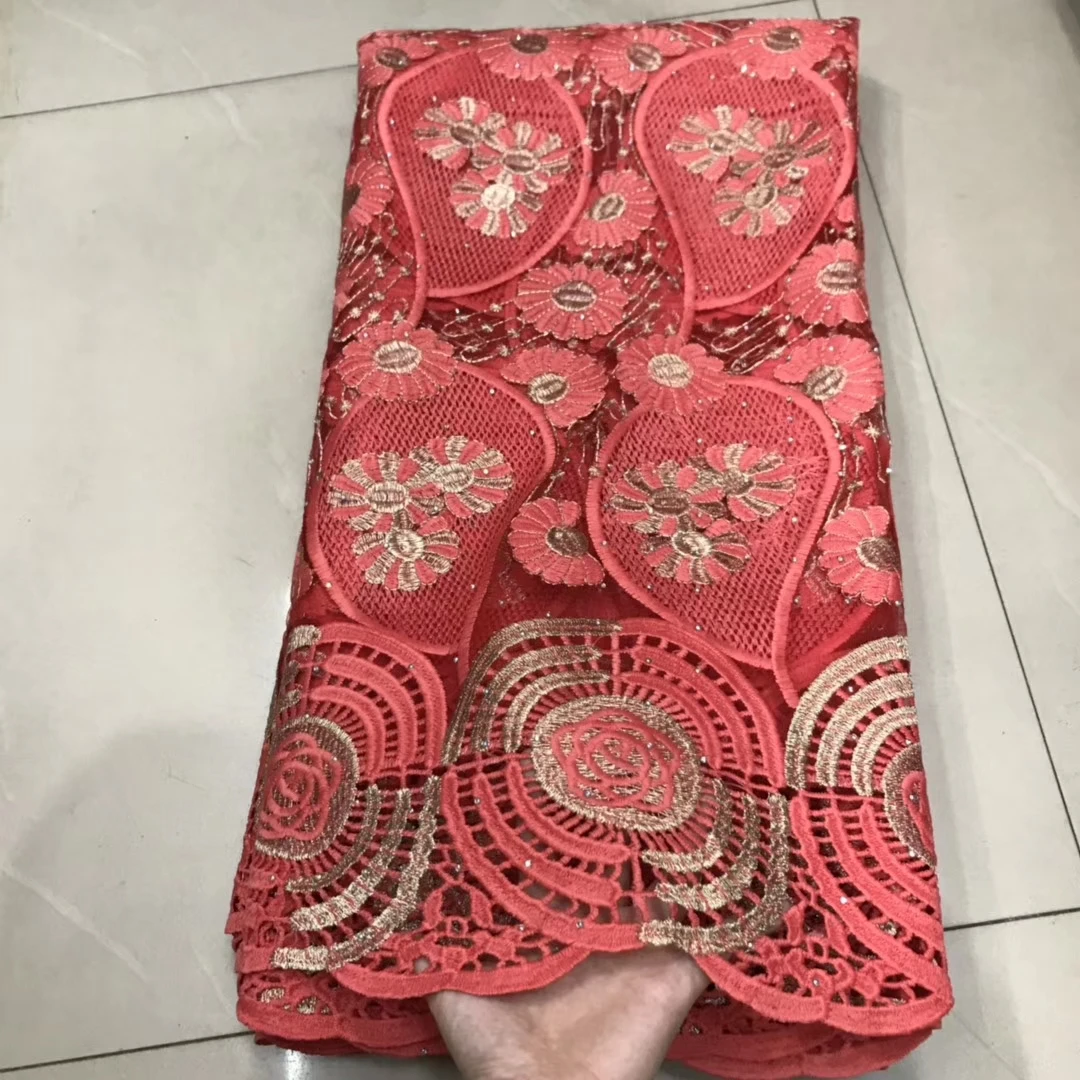 New fancy coral color dress embroidery tulle lace fabrics stones african garment net lace french fabric