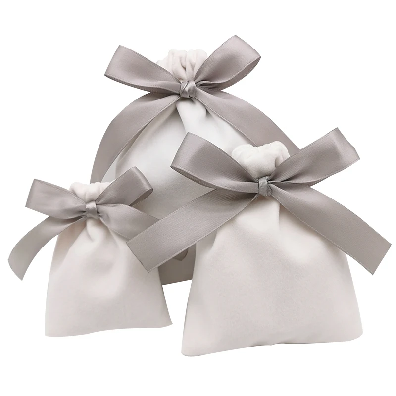 Personality white velvet fabric jewelry drawstring pouch bag for ring storage with lace