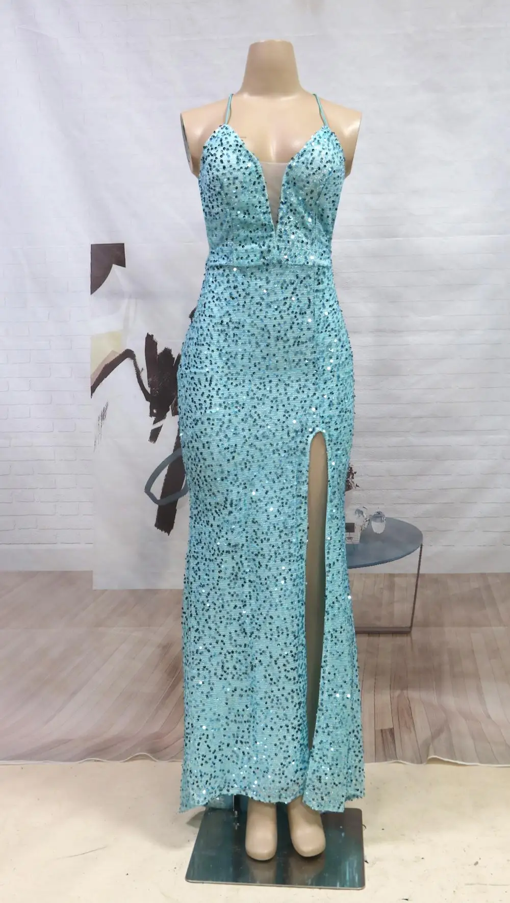 Fashion Sequin Split Evening Dress Sexy Backless V-Neck Sling Halter Prom Dress Party Dress