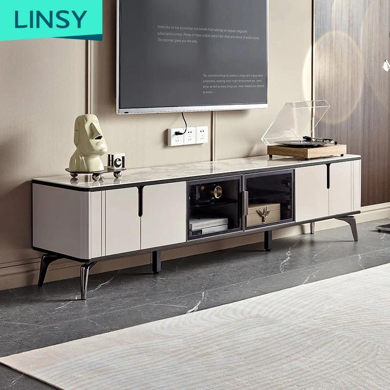 Linsy New Arrival Luxury White Marble Coffee Table And Tv Stand Stone Modern Storage Black Wooden Coffee Tables Set Ll1M