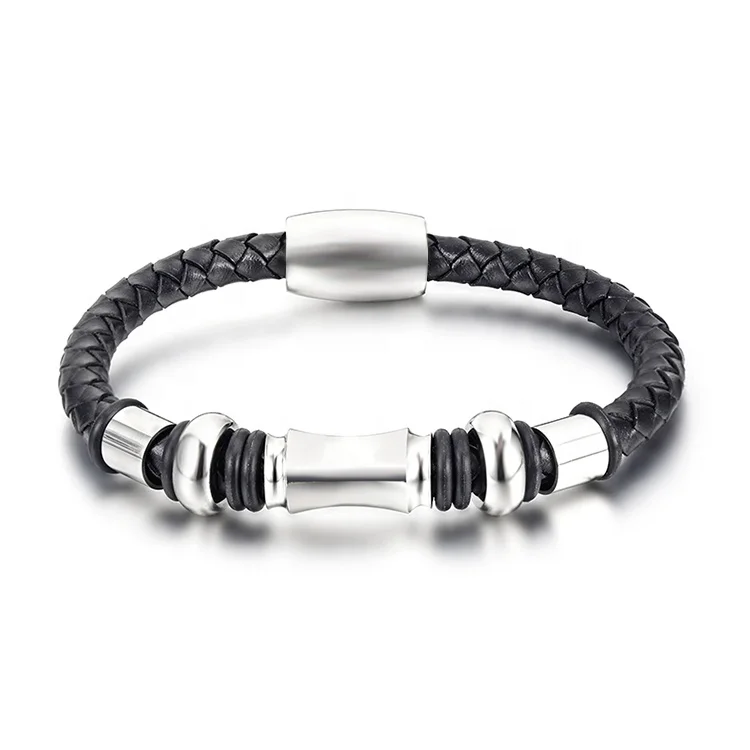 
Fashion Black Stainless Steel Magnetic Buckle Retro Unisex Genuine Leather Braided Bracelet 