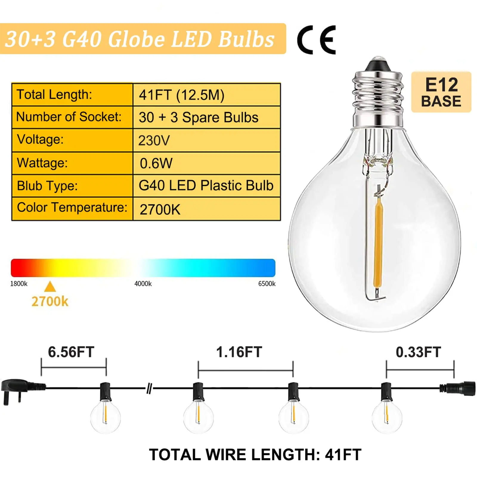 Наружные гирлянды в сети 41 фут G40 30 + 3 пластиковых лампочки Водонепроницаемые Круглые лампы для внутреннего сада дома Рождества свадьбы
