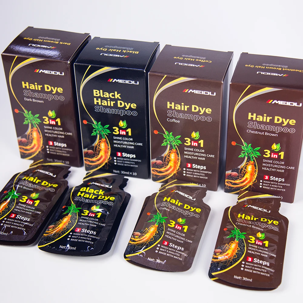 Meidu herbal natural ammonia free cover gray white hair ginger 3 in 1 permanent colour color sachet black hair dye shampoo