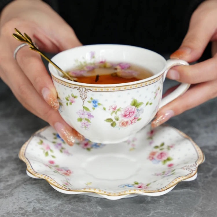 Chinese new design pink flower pattern porcelain bone china tea cup set traditional turkish ceramic coffee cups with saucer
