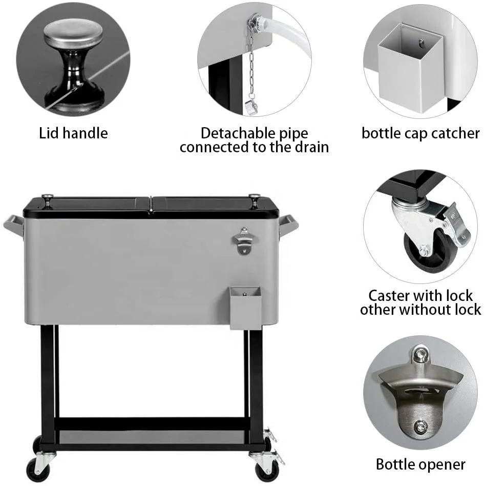 Factory Price 80 QT Metal Vendor Cooler Cart Rolling Box Cooler Beach Carts With Coolers