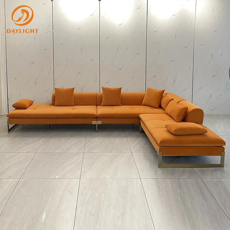 custom italian design modern sectional l shape sofa set luxury orange bed sofa in velvet materials high quality furniture