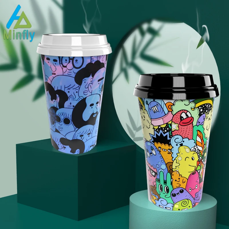 Minfly Custom Logo Printing Clear Plastic Coffee Juice Milk Tea Boba Frosted Bubble Tea IML Cup with Lids