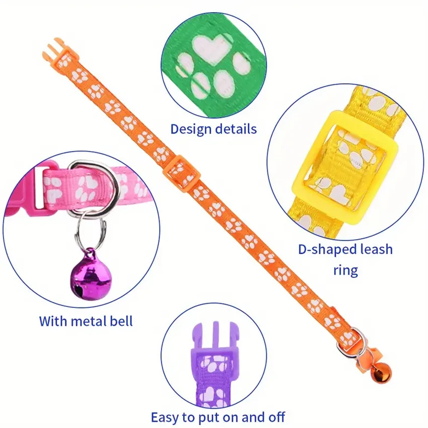Adjustable Durable Nylon Dog Collars with Bell Quick Release Buckles Pet Breakaway Design Paw Pattern for Dogs