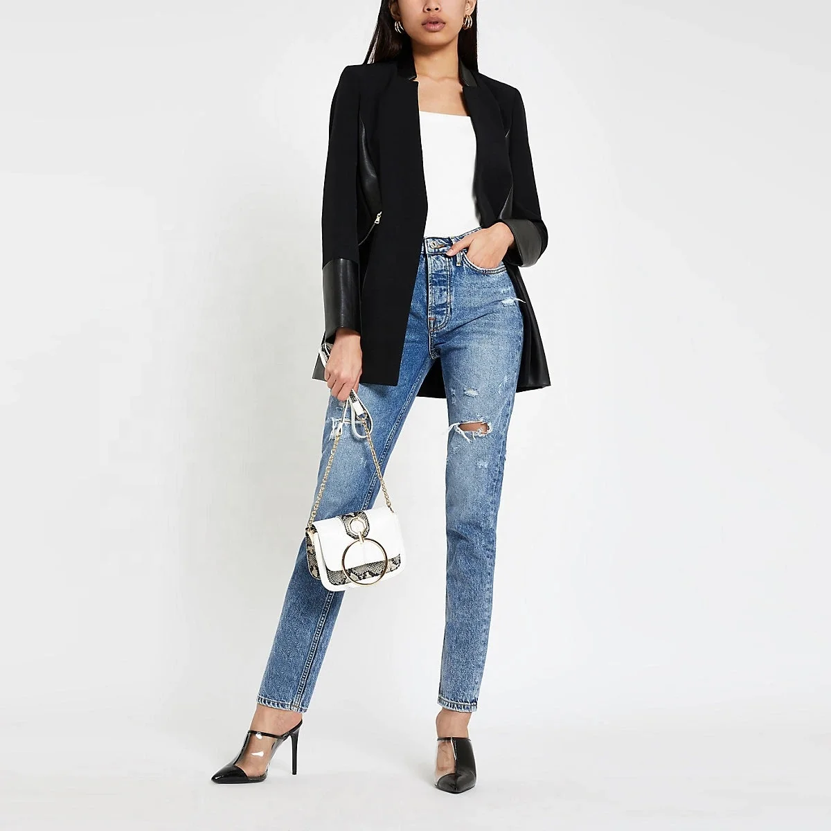 OEM office elegant  black suit jacket blocked zip pocket blazer Open front