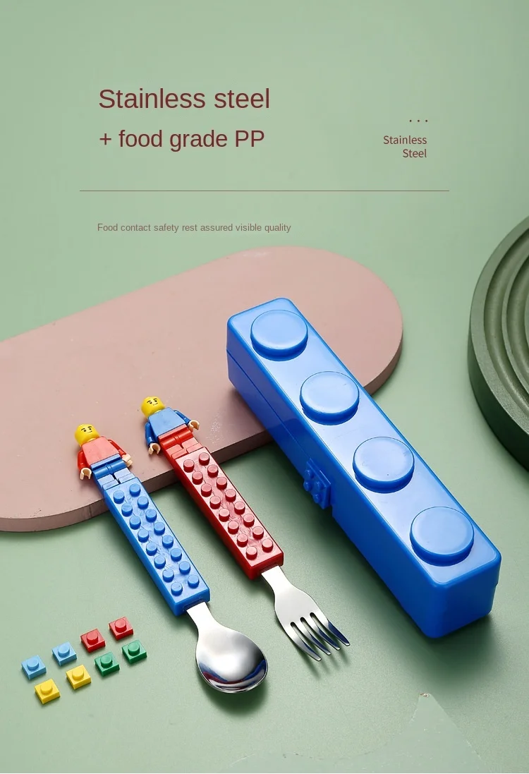 Stainless Kids Funny Fork Spoon Set Children Building Block Toys Cartoon Steel Tableware Portable Storage Jigsaw Puzzle Toys