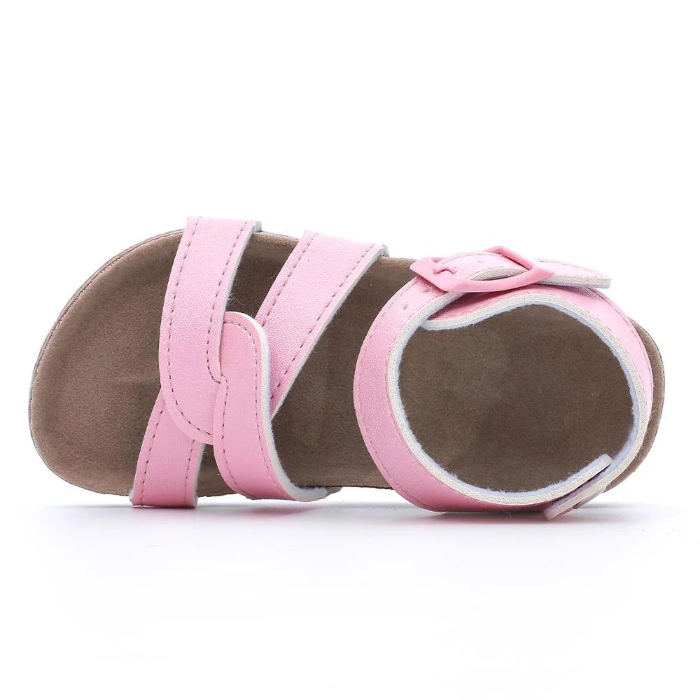 High Class Quality Girls Pink Flat Cute Sandals for Toddler Kids Children with Soft Cow Leather Insock Cork Sole Foot-bed