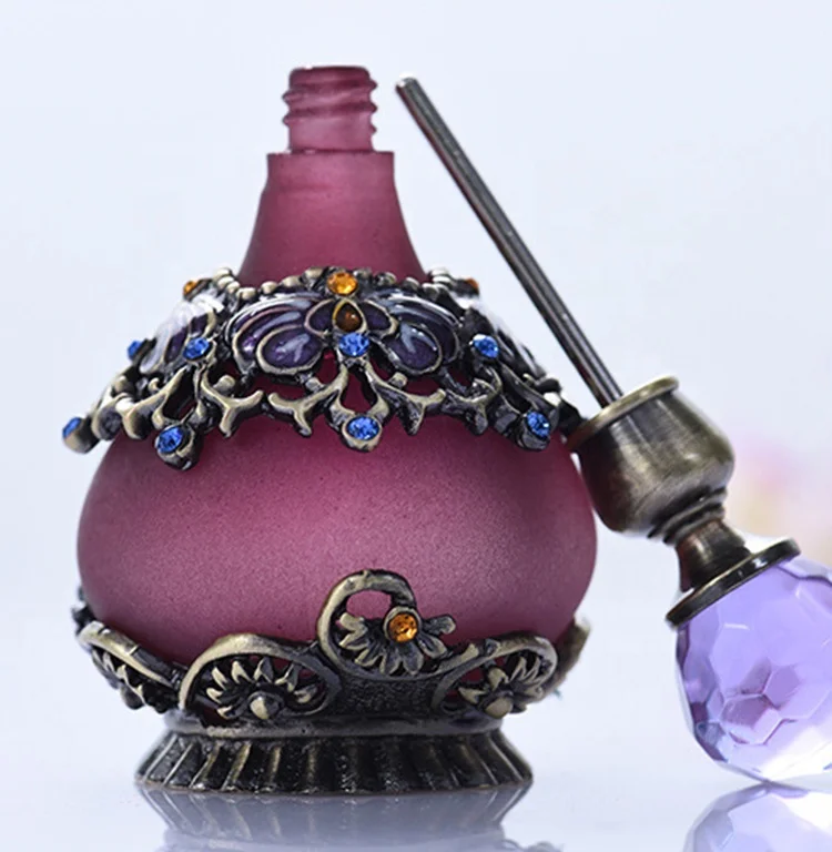 25ml Arab Antique Metal Alloy Purple Perfume Bottle Empty Glass Essential Oil Attar Bottle