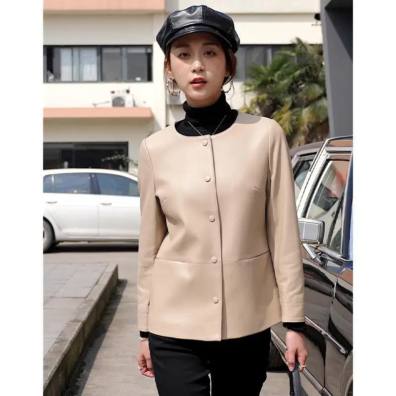 Spring women formal beige jacket coat leather genuine jacket for women beige