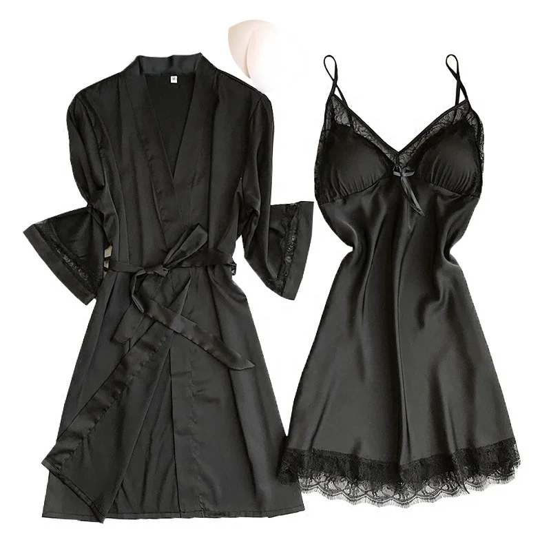 two pieces long sleepwear long dress V-collar sleep dress with gown nightties