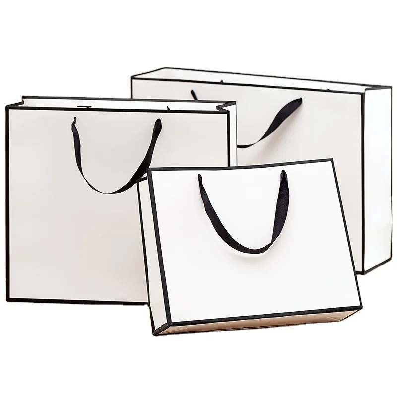 In stock black border white shopping gift bags customized clothing tote bags with printed advertising logo white cardboard bags