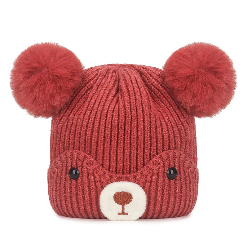 Winter Stripe Cashmere Rabbit Fur Plush Soft Thicken Wool Chunky Warm Beer Cute Pom Pom Skullies Beanie Knitted Hat For Kids