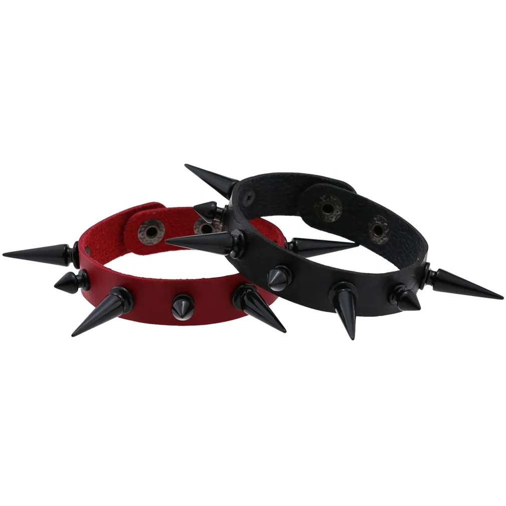 Punk Gothic Black Spikes Nail Rivet Leather Unisex Bangle Bracelet