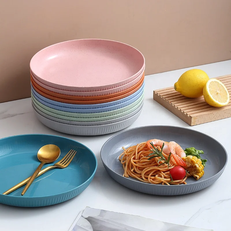 Eco Friendly Biodegradable Wheat Straw Fiber Meal Plate 6 Pcs/set Multi-color Optional Straw Plate Lightweight PP   Dinner Plate