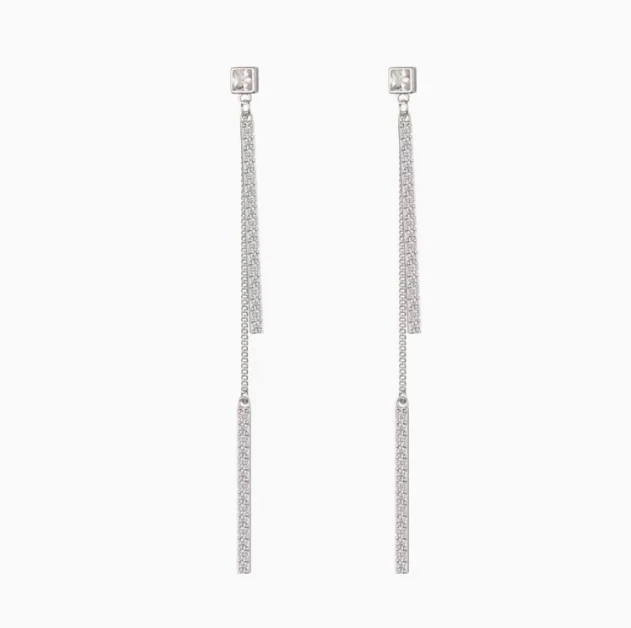 Wholesale women fashion fine jewelry cubuic zircon long bar 925 silver earrings tassel for women
