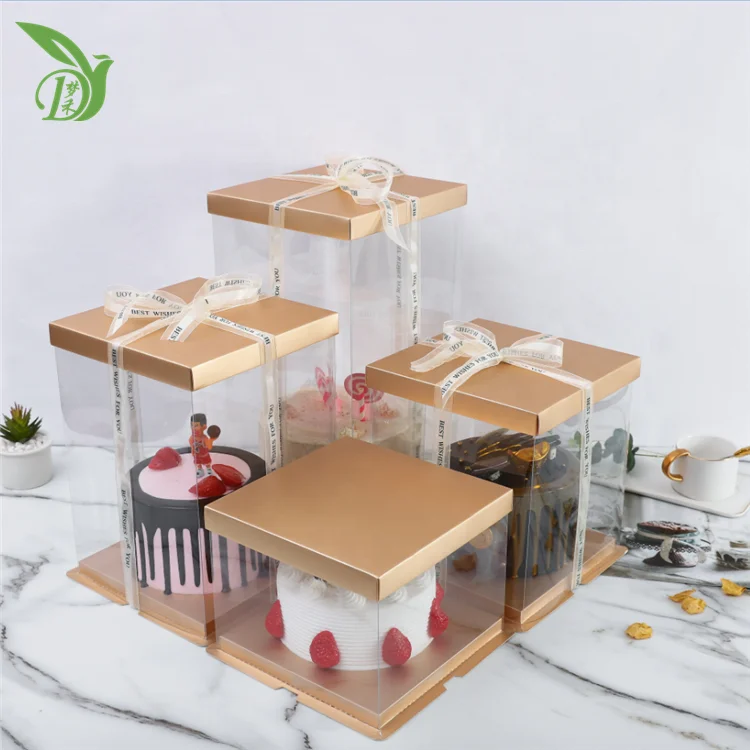 
Transparent PET Cake Baking Box Clear PET For Birthday Party with gold colour 