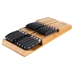 In-Drawer Bamboo knife block, Knife Organizer and Holder with Slots for 16 Knives and 1 Sharpening