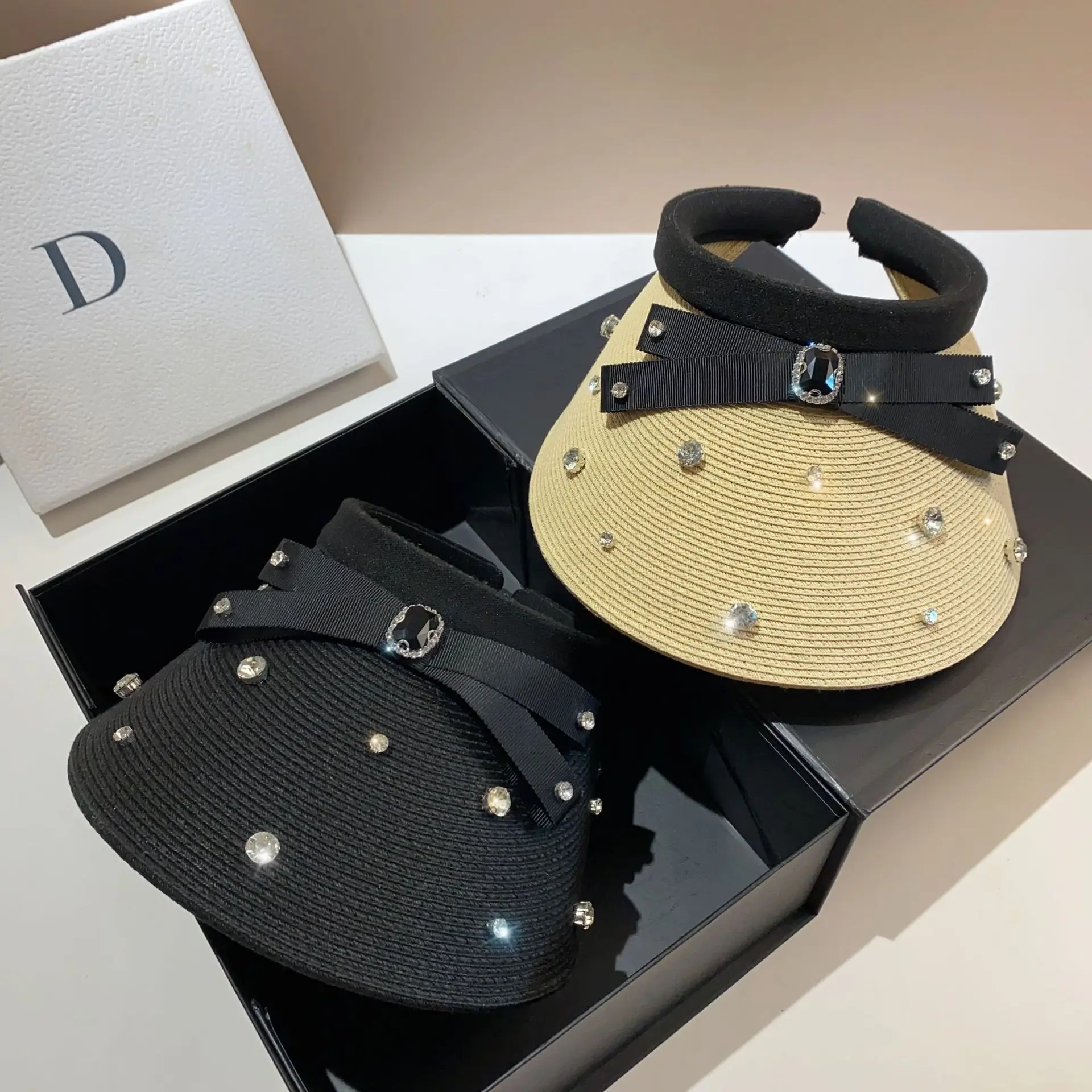 Light luxury rhinestone large eaves empty top hat female summer fairy bow sunshade straw hat encrypted woven sun hat