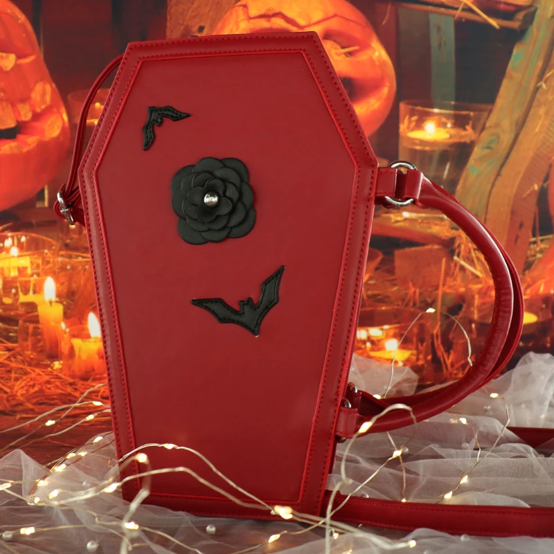 Gothic Style 3 D Roses And Bat Pu Stitched HandBag Custom Coffin Gothic Bag Manufacturer