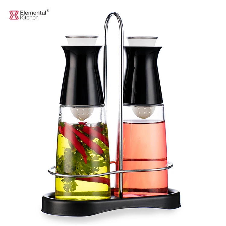 Best selling Glass Oil & Vinegar Set with rack with Integrated filter and vinegar oil dispense for olive oil 320ml