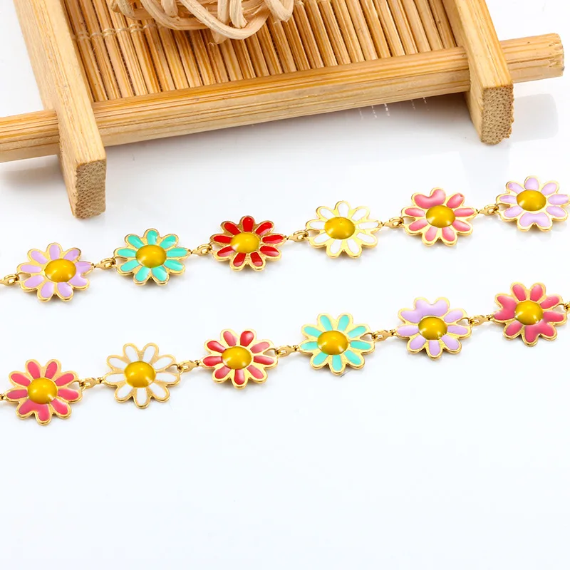 bulk stainless steel 18k gold chain waterproof spool enamel rainbow colored daisy flower handmade accessories chain diy