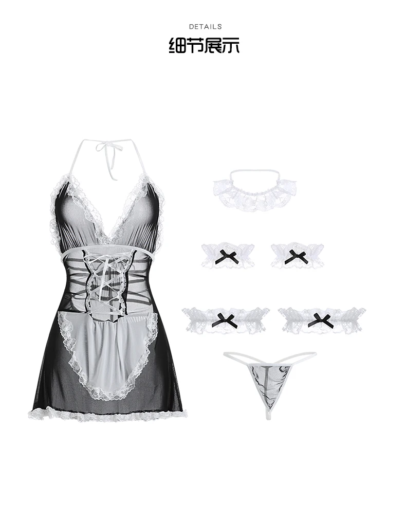 New Style Ladies Sexy Lace mesh suspender skirt and fishnet stockings  3-piece set Pajamas