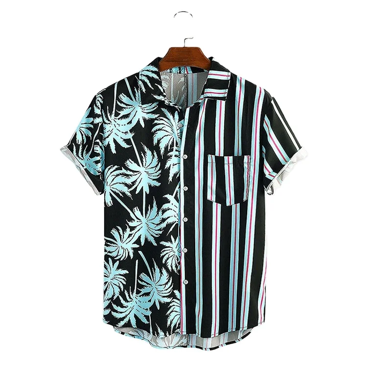 Custom made fashion 100% rayon woven colorful short sleeve summer hawaii style patchwork men shirt