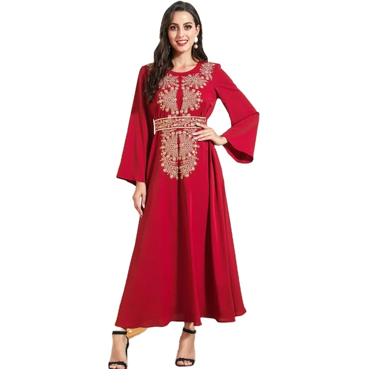 2021 turkey & muslim golden embroidery solid color women elegant abaya dress